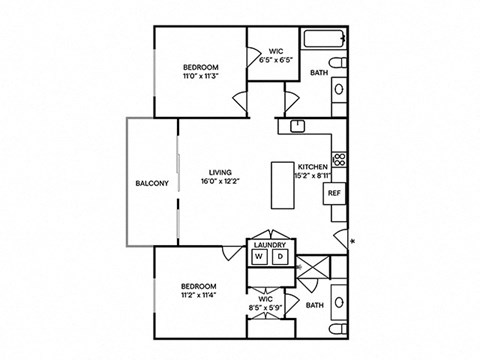 Floor plan for 2 beds, 2 baths, 965 sqft
